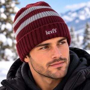 Levi's Hat Beanie Knit Mens One Size Red Gray Stripe Fleece Lined Winter